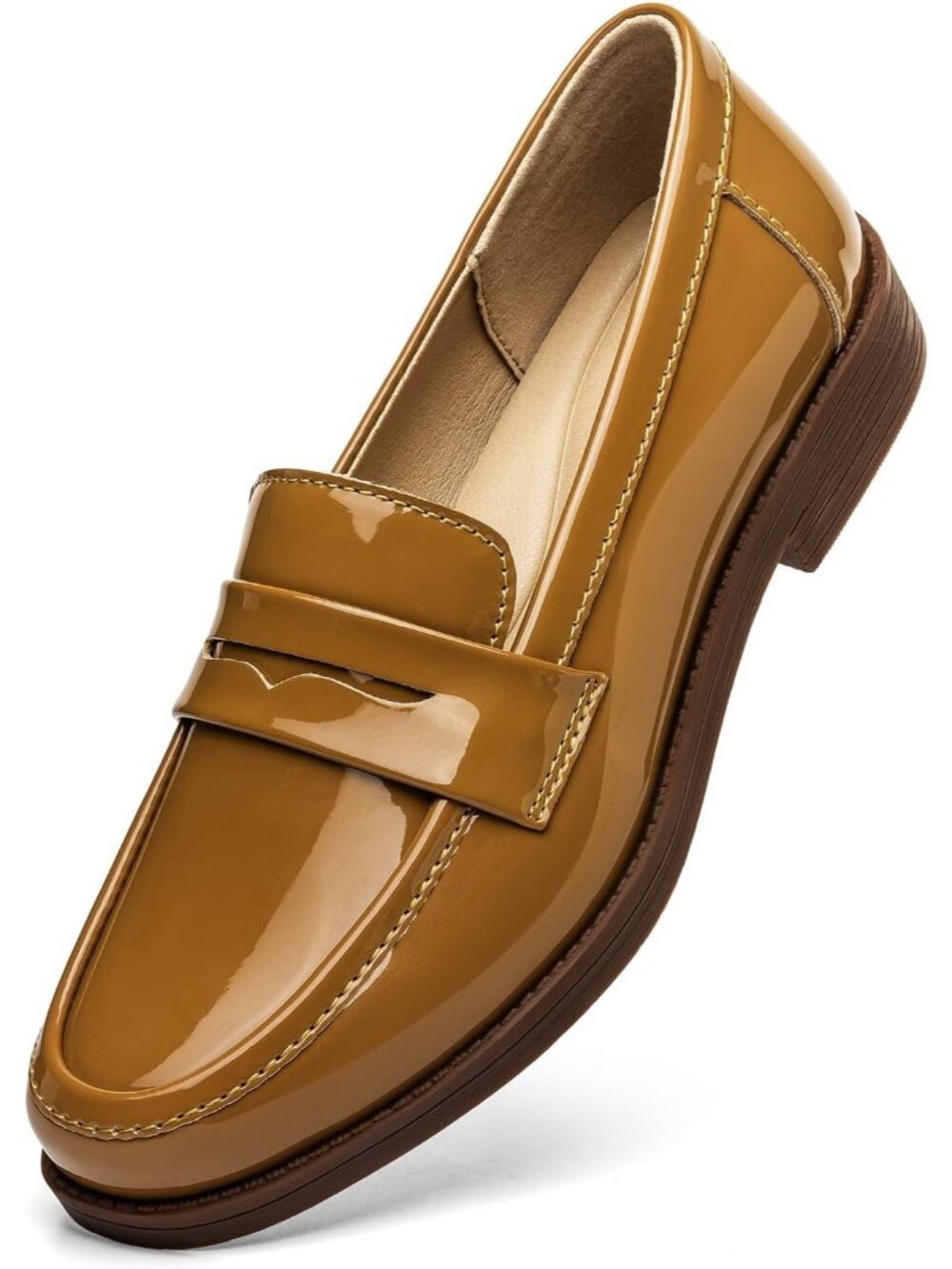 Women’s Brown Patent Comfortable Penny Loafers Slip On Casual Walking Flat Shoes